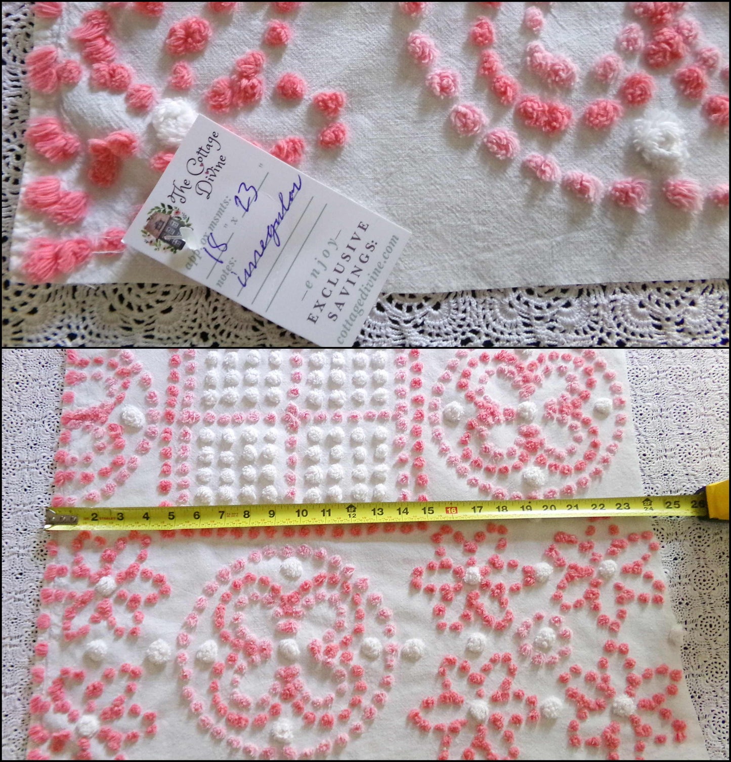 Spunky Daisy Medley Vintage Chenille Fabric, 23" x 18" inch handtufted antique Pink Pops piece, Fun in DIY Pillows