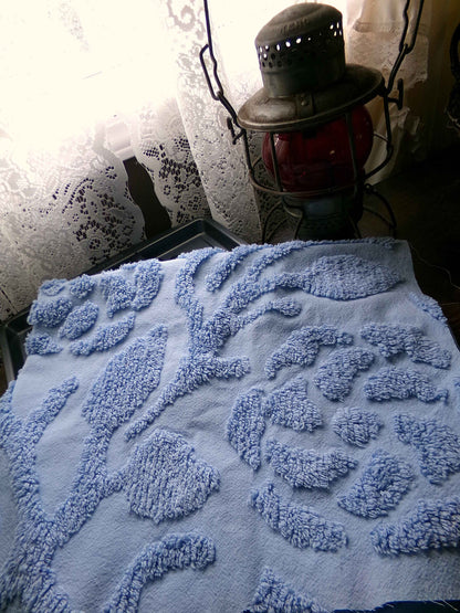 Stylized Roses Vintage Chenille Quilt Fabric, 30" x 26" inch Piece, Soothing Dusky Blue Rose Blooms, 100% Cotton