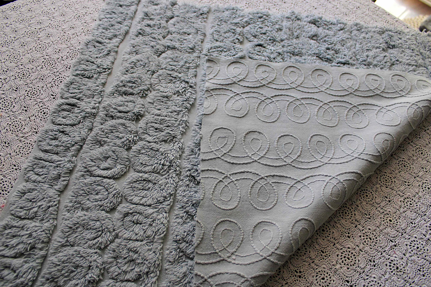 plush looping curlicues vintage chenille fabric, 21" x 24" cut piece in dreamy dusty blue, soft & so pretty