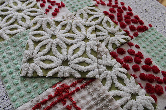 country Christmas chenille fabric squares, classic old-fashioned holiday red, green, white, set of 16 vintage quilt blocks 6" x 6" inch