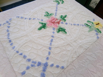 rose cottage vintage chenille fabric, floral design on white, 19" x 25" cut piece for arts & crafts