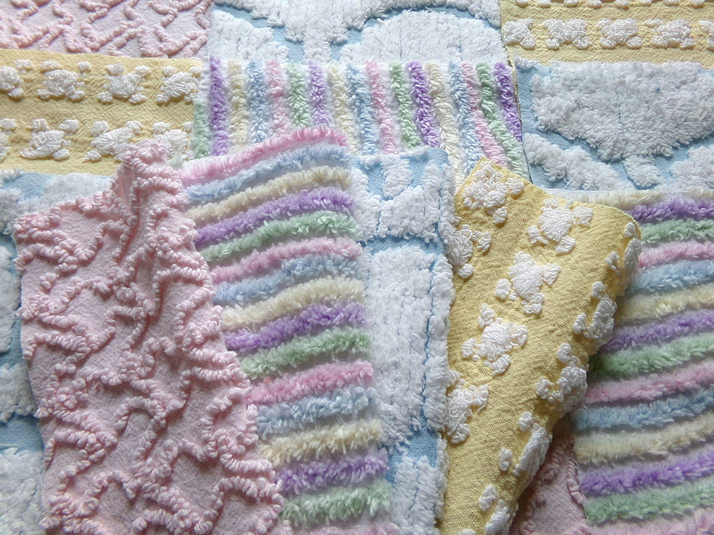 fairyland chenille fabric squares, 16 vintage 6" quilt blocks in pastel rainbow, pink & yellow rosebud, for sewing, crafts, fiber arts