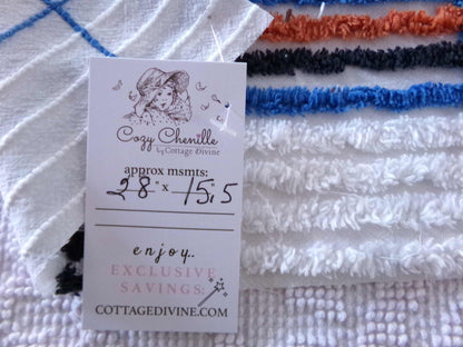 Vintage Chenille Fabric in a Unique Geometric Design, 28" x 15.5" inches, Masculine Black, Rust & Blue on White Cotton