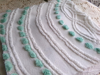 cottage style wildflower vintage chenille fabric, jadeite pops on white cotton, 22" x 23" inch piece of sewing material for quilting, crafts
