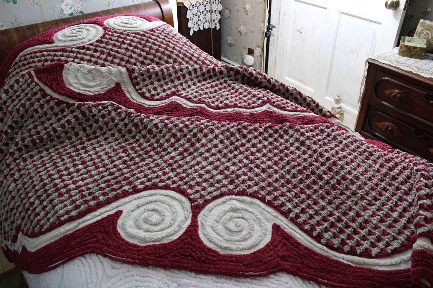 Plush Luxury Chenille Bedspread, Exceptional Vintage Bedding in Ice Grey, Berry Red & Dove Gray, Heavyweight FULL Size Bedding