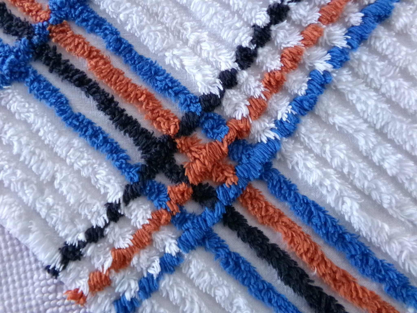 Vintage Chenille Fabric in a Unique Geometric Design, 28" x 15.5" inches, Masculine Black, Rust & Blue on White Cotton