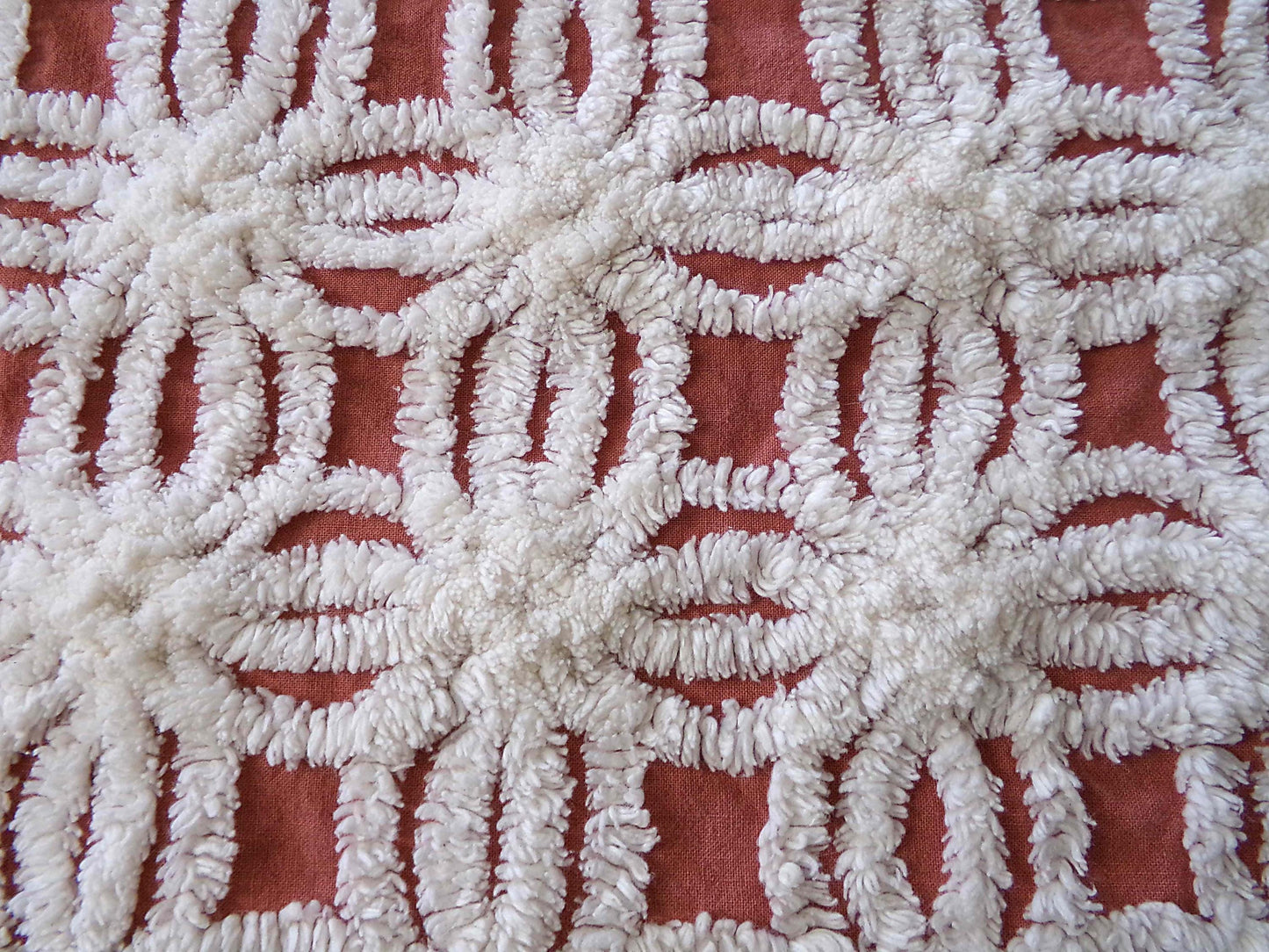 Earthy Terracotta Vintage Chenille Fabric, Plush White Tufted Petal Design, 20" x 24" inch Piece, 100% Cotton Material for Quilts & Crafts