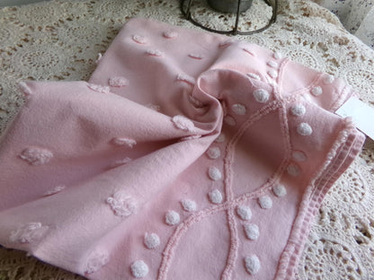 petal pink feminine chenille fabric, vintage sewing material with wideset pops & infinity link accents, lightweight 20" x 27" inch piece