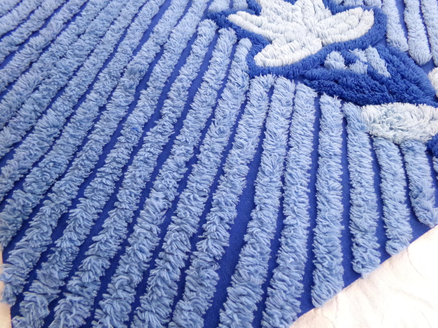 Midnight Blue Plush Vintage Chenille Bedspread Fabric, Water Lily on Diagonal Stripes, 18" x 25" inch Piece, Sewing & Quilt Material