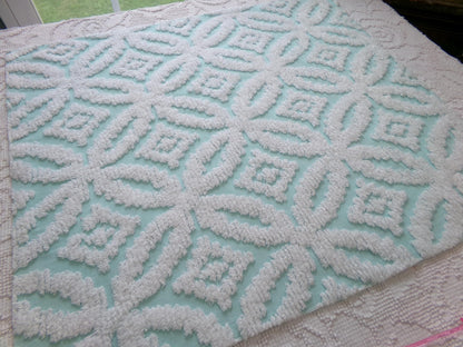 vintage aqua chenille fabric, white petals geometric design, 20" x 24" piece of sewing material