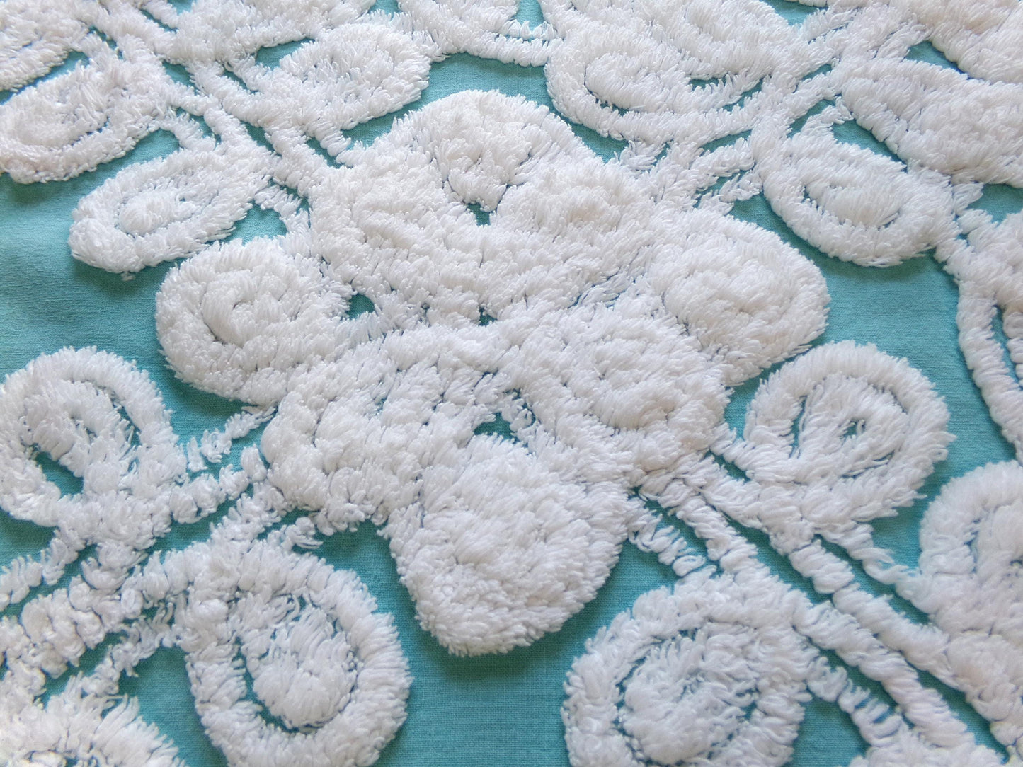 beach girl vintage chenille fabric, frothy white, seaglass blue, 20" x 25" piece of cotton sewing material for crafts, quilts, pillows