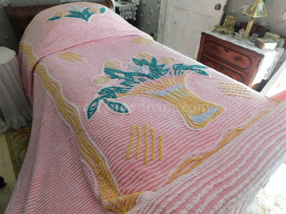 Vintage Chenille Bedspread, Giant Flower Basket on Pink, Full Size, 100% Cotton, Shabby Cottage Bedding