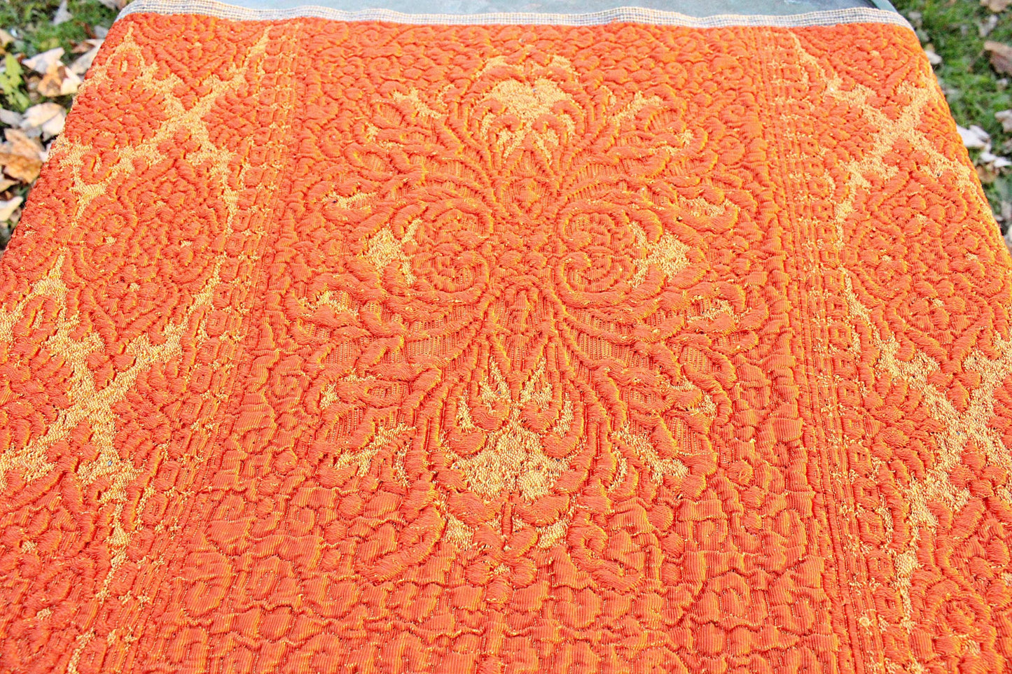Orange & Gold Vintage Tapestry Fabric, Shimmer Woven Heavyweight Damask Material, 20" x 25" inch piece with Luxurious Fringe