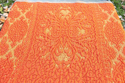 Orange & Gold Vintage Tapestry Fabric, Shimmer Woven Heavyweight Damask Material, 20" x 25" inch piece with Luxurious Fringe