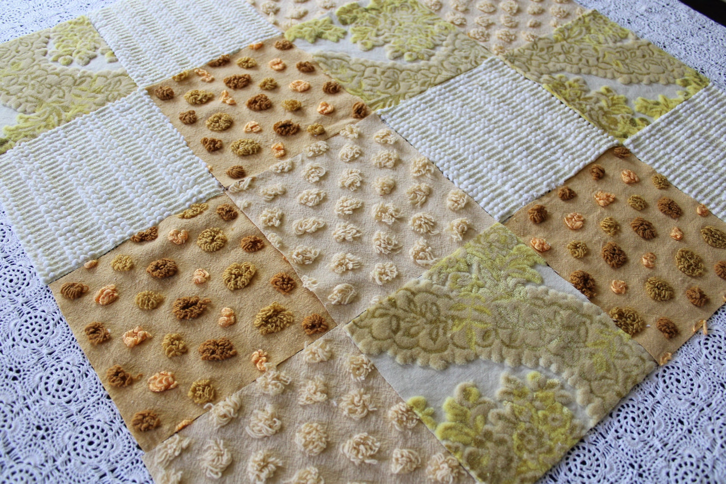 Golden Glow Chenille & Velvet Quilt Squares Set, from Vintage Bedspread Fabric, 16 Blocks, 6" x 6" inches each, Shades of Gold, Yellow