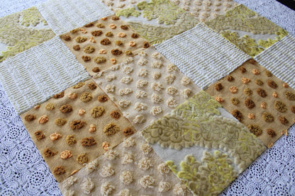 Golden Glow Chenille & Velvet Quilt Squares Set, from Vintage Bedspread Fabric, 16 Blocks, 6" x 6" inches each, Shades of Gold, Yellow