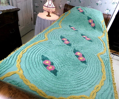 Vintage gold & green chenille bedspread, pink roses, attached ruffle skirt, twin sz