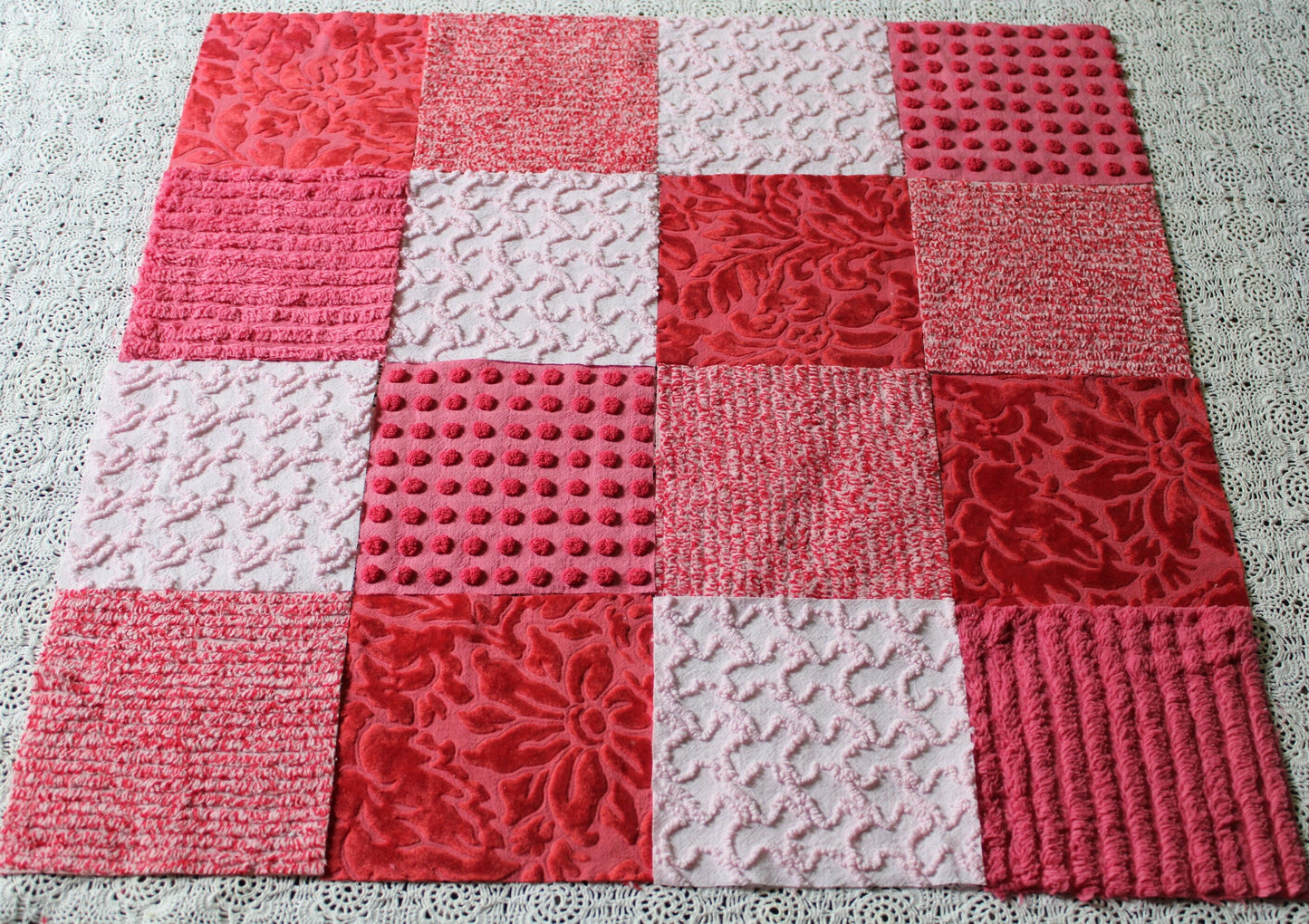 Cupid's Kisses Chenille & Velvet Craft Squares Set from Vintage Bedspread Fabric, 16 Blocks, 6" inch in Pink, Red