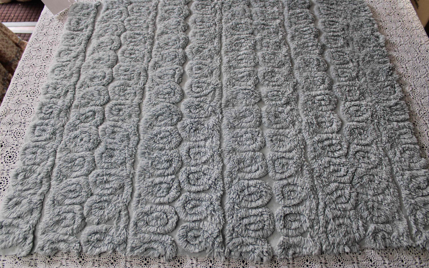 plush looping curlicues vintage chenille fabric, 21" x 24" cut piece in dreamy dusty blue, soft & so pretty