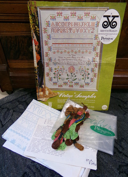 VIRTUE Embroidery Sampler, Paragon 0609 Valentine Museum Reproduction, Vintage Cross Stitch Stitchery Kit on Belgian Linen