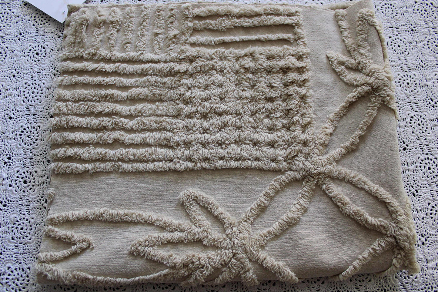 Shabby Modern Neutral Vintage Chenille Fabric, 20" x 24" inch Piece, Mocha Star Lily Design