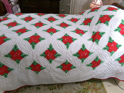 fantasy rose vintage luxury chenille bedspread in shabby style red cabbage roses design, 100% cotton full size bedding