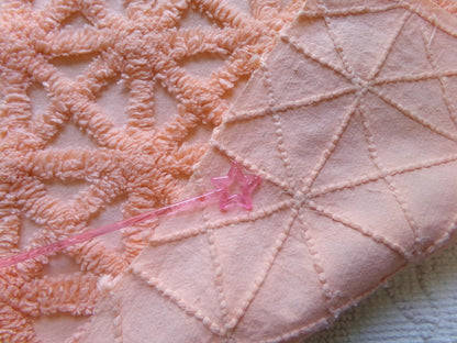 twinkle star vintage chenille fabric, plush peach starbursts, 18" x 24" cut piece of craft, sewing, pillow, quilt material