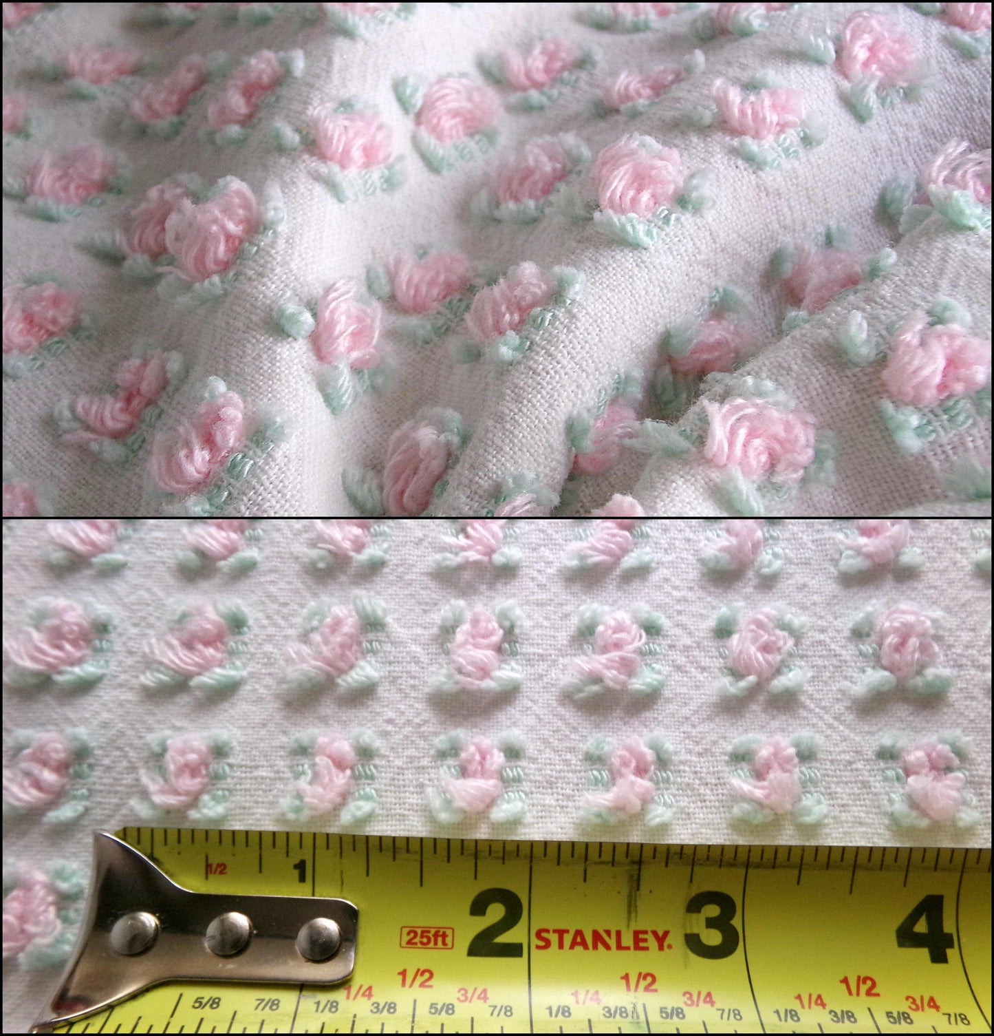 Tiny Tuft Pink Rosebud Vintage Chenille Fabric, 19" x 24" Inch Piece, 100% Lightweight Cotton, Lovely Mini Roses Pattern, Ideal in Quilts