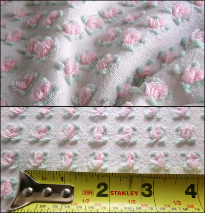 Tiny Tuft Pink Rosebud Vintage Chenille Fabric, 19" x 24" Inch Piece, 100% Lightweight Cotton, Lovely Mini Roses Pattern, Ideal in Quilts