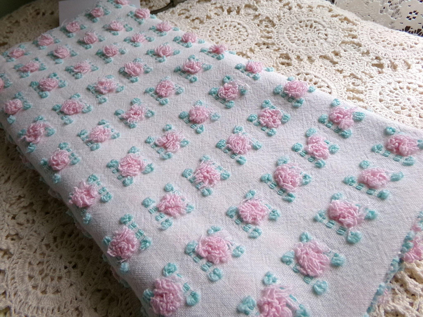 favorite pink rosebud vintage chenille fabric, cottage style sewing & quilt material, 18" x 24" inch piece