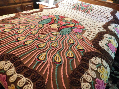 Iconic Vintage Peacock Chenille Bedspread, Rainbow Lovebirds & Hearts, FULL Size