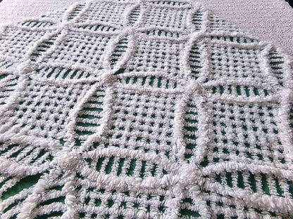 Rich Green Vintage Chenille Fabric, 20" x 24" inch Piece, Plush White Wedding Ring Geometric Design