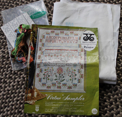 Rare VIRTUE Embroidery Sampler, Paragon Needlecraft Valentine Museum Reproduction, Vintage Cross Stitch Stitchery Kit # 0609, Belgian Linen