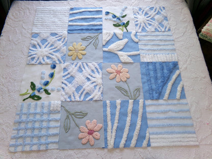 meadow skies vintage chenille fabric squares, set of 16 serene 6" quilt blocks, geometrics, daisy & lupine flowers for crafts, sewing
