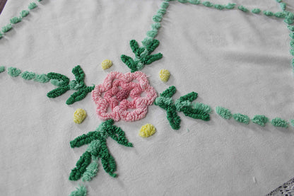 simple floral vintage chenille fabric, 32" x 23" cut piece, jadeite & white pops with pink rose flower, lightweight cotton