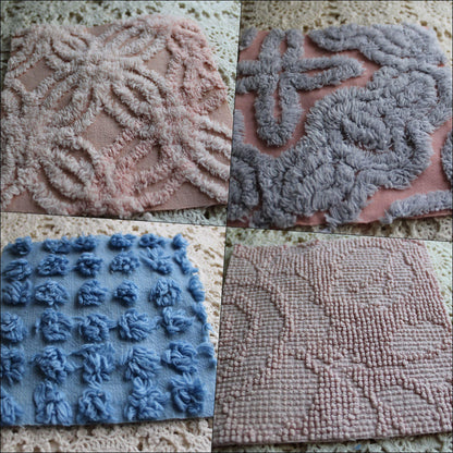 starry twilight chenille fabric squares, set of 16 vintage quilt blocks 6" inches ea, dreamy serene blue, rose mist, pink shades