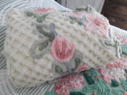 vintage chenille bedspread in a lush garden of pink lilies, buttercream twin size bedding, fitted design with ruffle skirt