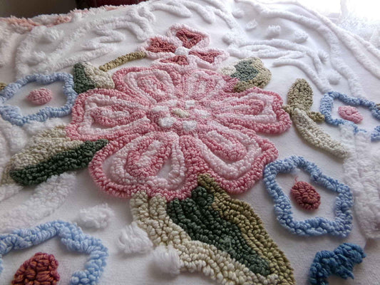Lovely Spring Flowers Vintage Chenille Material, 29" x 25" inch Fabric Piece, Meadow Florals on White 100% Cotton, Pretty in pillows