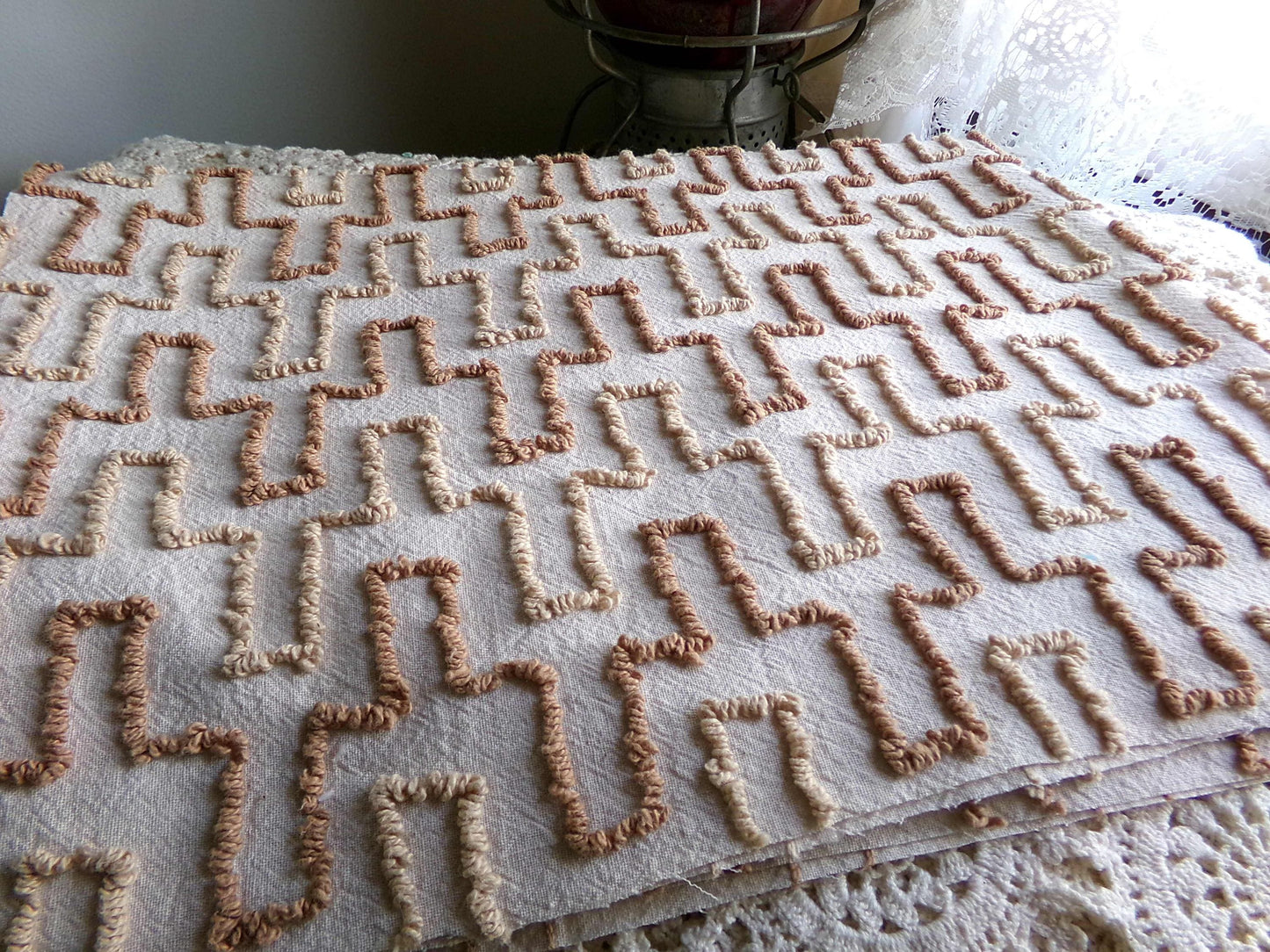 sandy sandcastles vintage chenille fabric, two tone honey golden brown geometric design, 18" x 24" inch piece for quilting, crafts & sewing