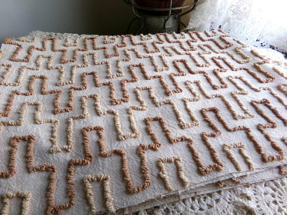 sandy sandcastles vintage chenille fabric, two tone honey golden brown geometric design, 18" x 24" inch piece for quilting, crafts & sewing