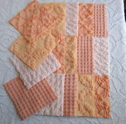 bliss peach chenille fabric squares, set of 16 vintage craft quilt blocks 6" inches, geometric designs for quilt inlays, pillows, fiber arts