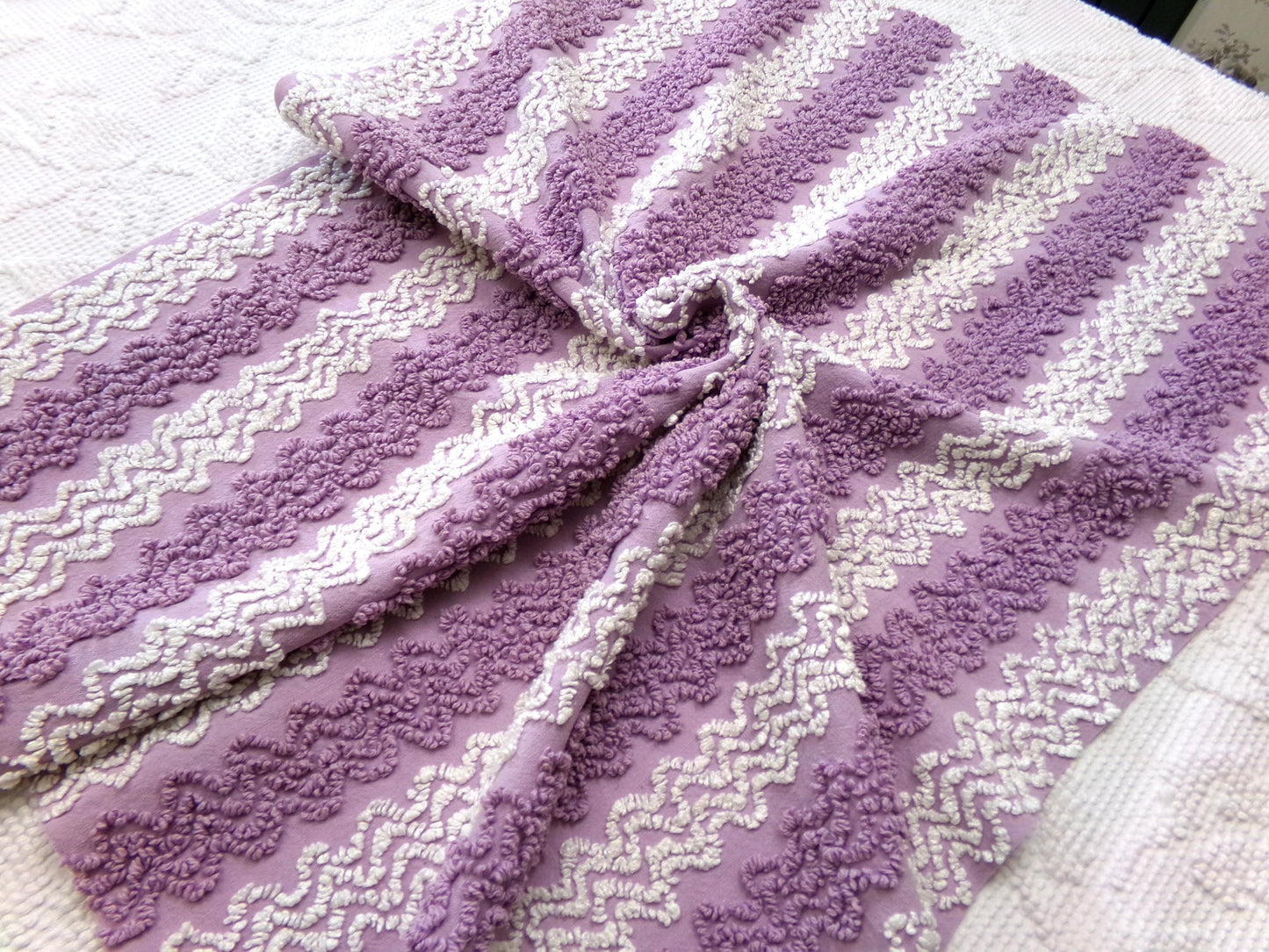 Lavender Frost Vintage Chenille Fabric, Textured Zig Zag Design, Purple & White Quilt Sewing Material, 18" x 24"