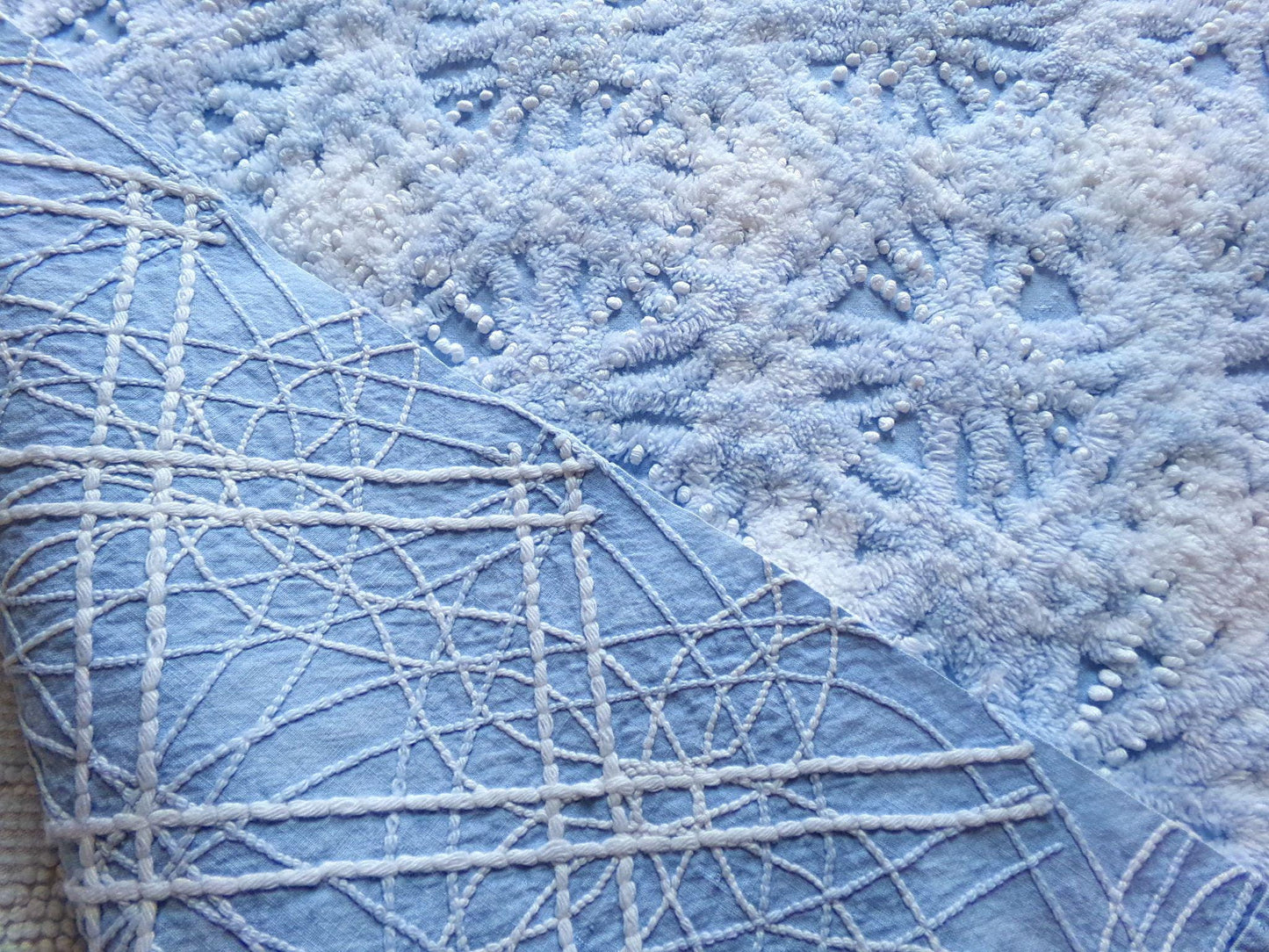 icicle pearl snowflake chenille fabric, vintage blue & white sewing material for quilting, fiber arts, pillows, 22" x 24" cotton piece