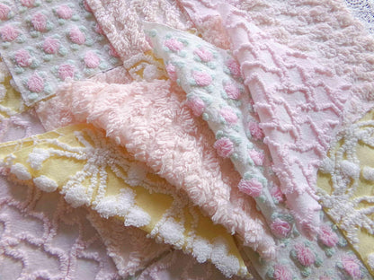 Whispers of Spring Vintage Chenille Fabric Squares Set 16 Blocks, 6" inch ea in Peach, Yellow, Pink & White daisies, rosebud, lattice, pops