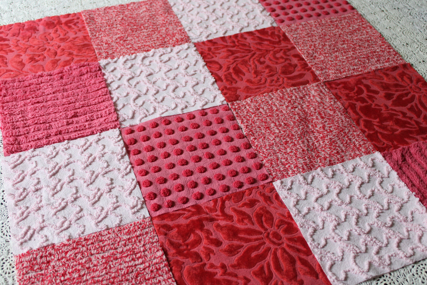 Cupid's Kisses Chenille & Velvet Craft Squares Set from Vintage Bedspread Fabric, 16 Blocks, 6" inch in Pink, Red