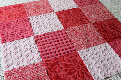 Cupid's Kisses Chenille & Velvet Craft Squares Set from Vintage Bedspread Fabric, 16 Blocks, 6" inch in Pink, Red