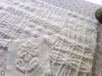Snowy Whites Chenille Quilt Squares Set from Vintage Bedspread Fabric, 17 Blocks 6" x 6" inch, Pops, Squiggles, Lattice & a Daisy