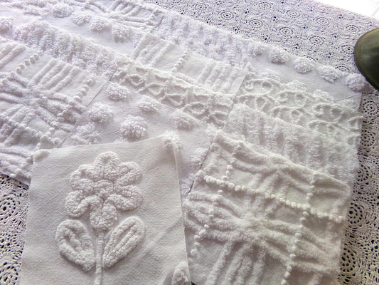 Snowy Whites Chenille Quilt Squares Set from Vintage Bedspread Fabric, 17 Blocks 6" x 6" inch, Pops, Squiggles, Lattice & a Daisy