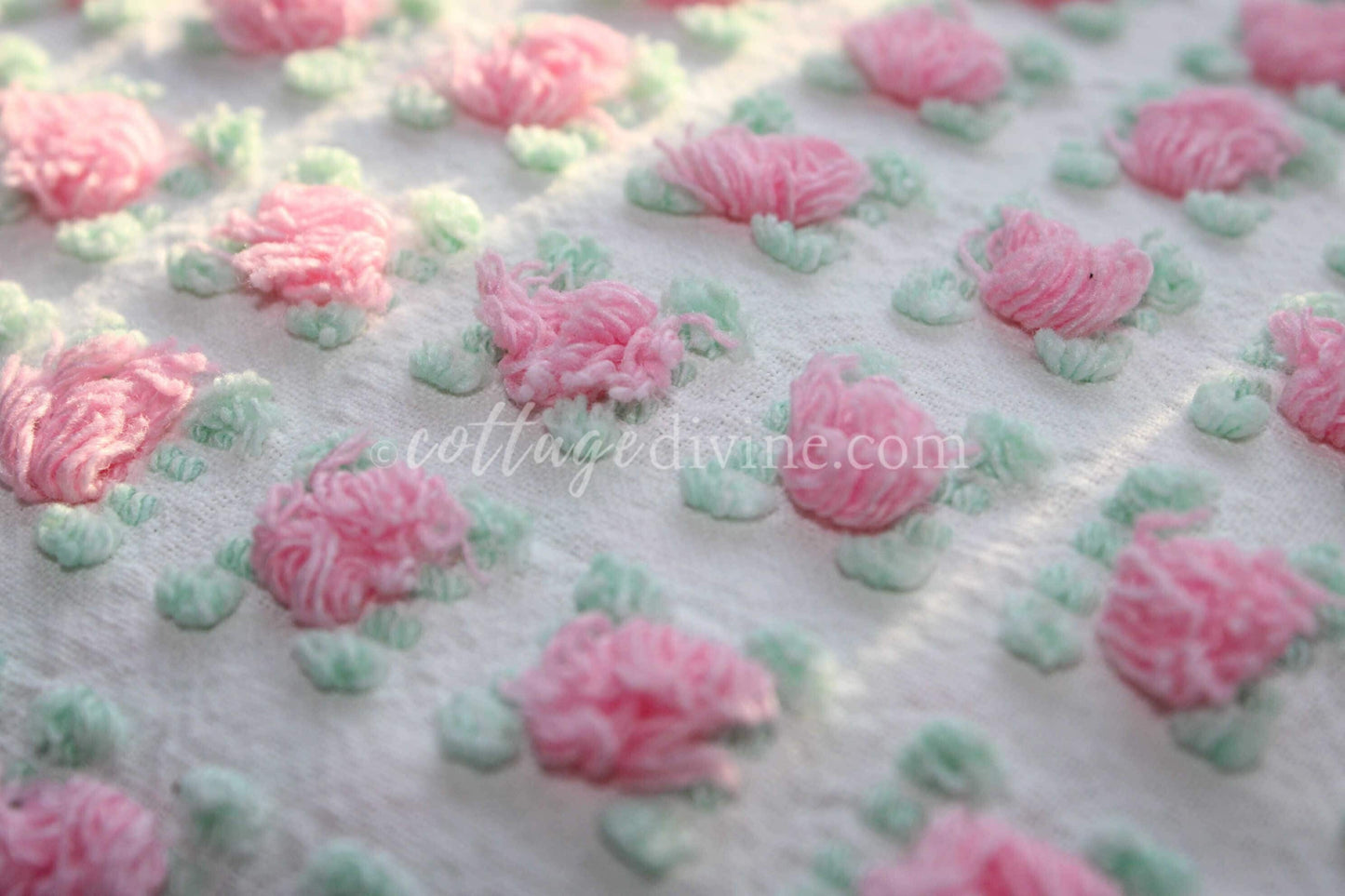 Popular Pink Rosebud Vintage Chenille Fabric, 20" x 24" inch piece, Morgan Jones Roses, a quilter's favorite
