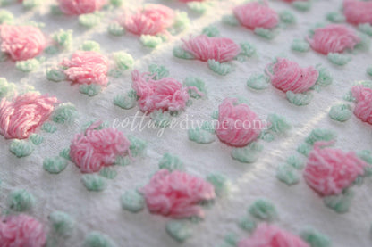 Popular Pink Rosebud Vintage Chenille Fabric, 20" x 24" inch piece, Morgan Jones Roses, a quilter's favorite
